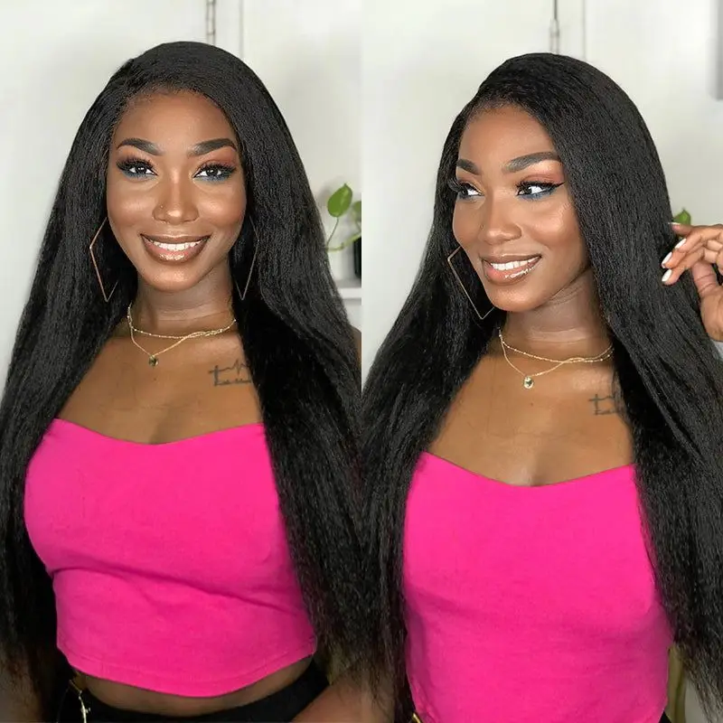 Kinky Straight Human Hair Wigs Yaki Straight Wig Full Machine Wig For Black Women Indian 180% Density Remy Hair Cheap Wigs