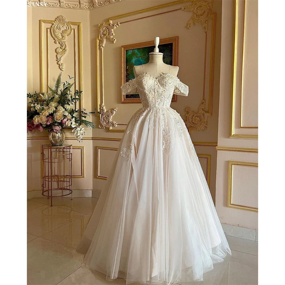 

Sansa белый корсет трапециевидной формы с цветочной аппликацией, платье для выпускного вечера с жемчугом и вырезом в форме сердца, Vestidos De Noche, вечернее платье длиной до пола