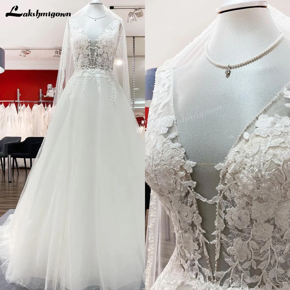 

Lakshmigown Elegant Long A-line Wedding Dress V Neck Tulle Lace Open Back Wedding Gown Garden Backless Floor-length Appliques