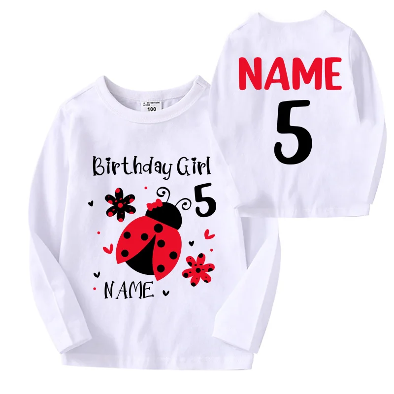 Kids CartoonLadybug Custom Name Shirt Toddler Baby Gift Seven Star Ladybug Birthday White T-shirt Give Away Children's Stickers