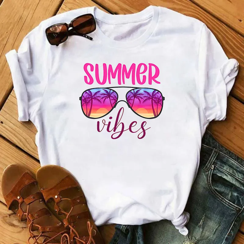 Summer Vibes Sunglasses Coconut Tree  Sunrise Fashion Sports Women's T-Shirt Harajuku Graphic Clothing Women's Top,Drop Ship