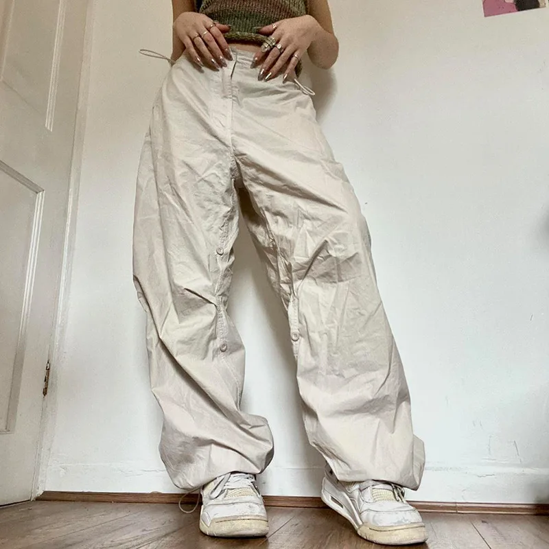 

Baggy Cargo Parachute Pants Y2k Jogger Trousers 2024 Autumn Brown Wide Leg Retro Old School Hip Hop Adjustable Button Women