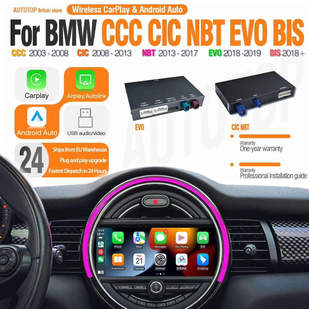 fAUTOTOP Wireless CarPlay Android Auto Decoder For BMW Mini R55 R58 R59 R60 F54 F55 F56 F57 F60 CCC CIC NBT EVO BIS GPS Module