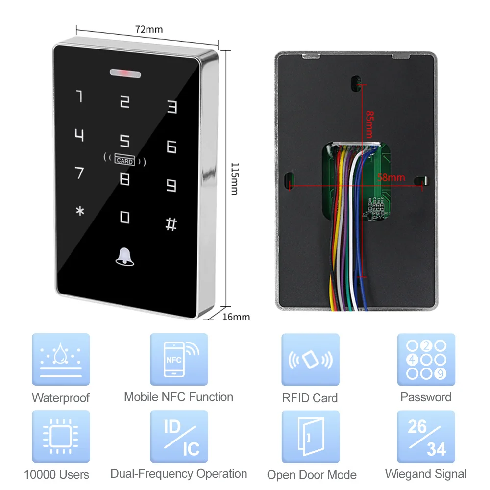 10000 User IP68 Waterproof RFID Keyboard Backlight Touch 125Khz +13.56Mhz Access Control Keypad NFC Proximity Card Wiegand 26/34