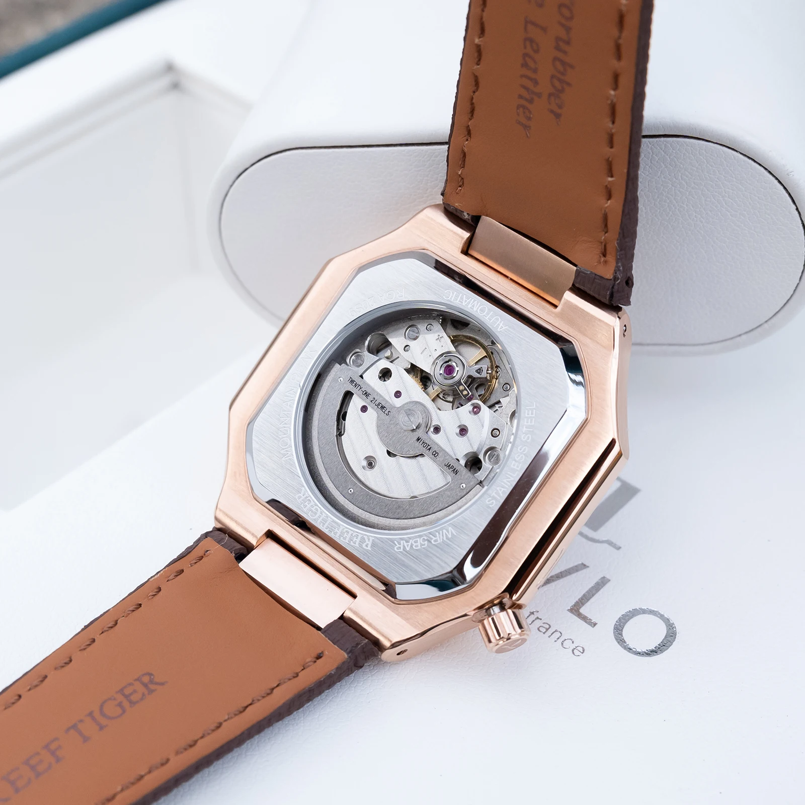ساعة ريف تايجر بمينا بني وذهبي وردي من الجلد المربع - ساعة ميكانيكية مضيئة متعددة الوظائف مقاومة للماء مع تاريخ RGA20S9