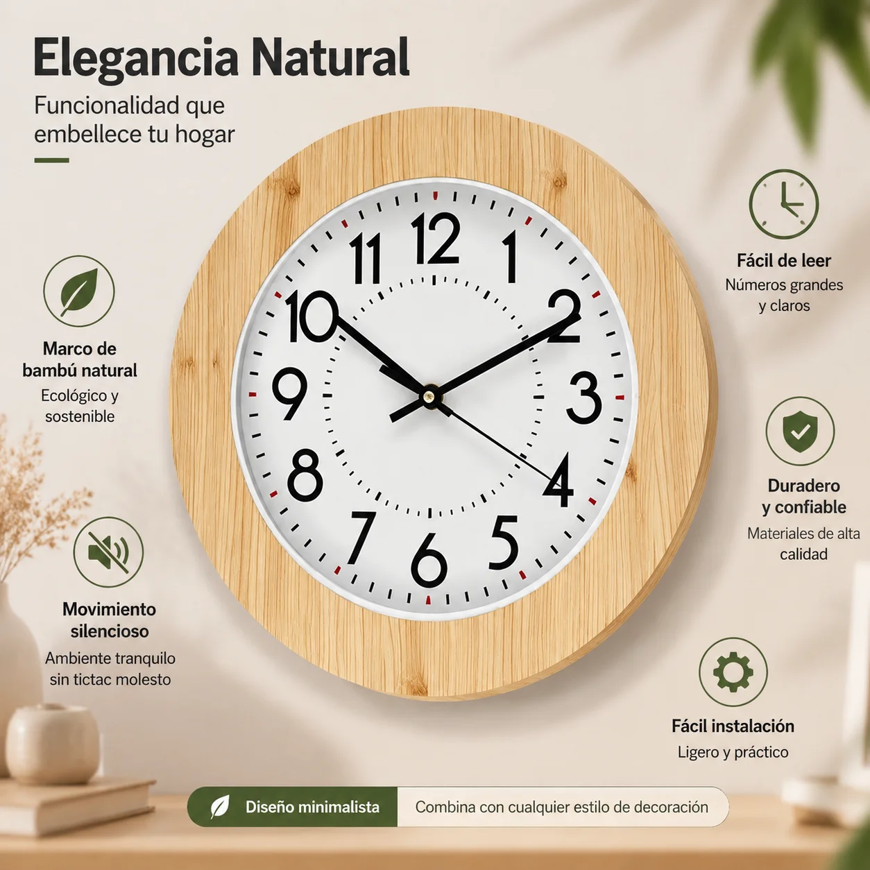 Horloge murale circulaire à cadre en plastique avec design imitation bois, mouvement silencieux sans tic-tac, cadran de 30 cm avec des chiffres grands et clairs, style minimaliste naturel, idéale pour le salon, la cuisine, la chambre et le bureau.