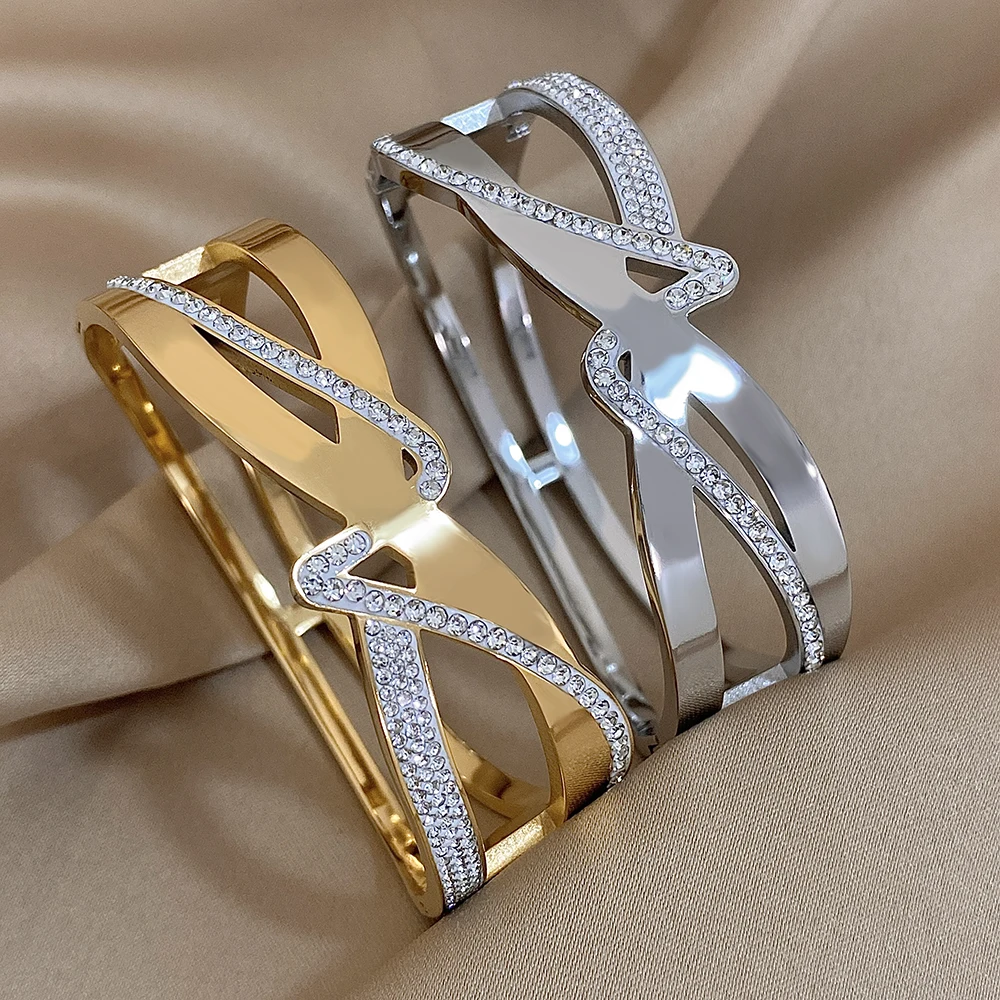 Freetry Luxury Rhinestone Stainless Steel X-shaped Open Bangle for Women Waterproof Smooth Cross Chunky Wide Bracelet on Hand