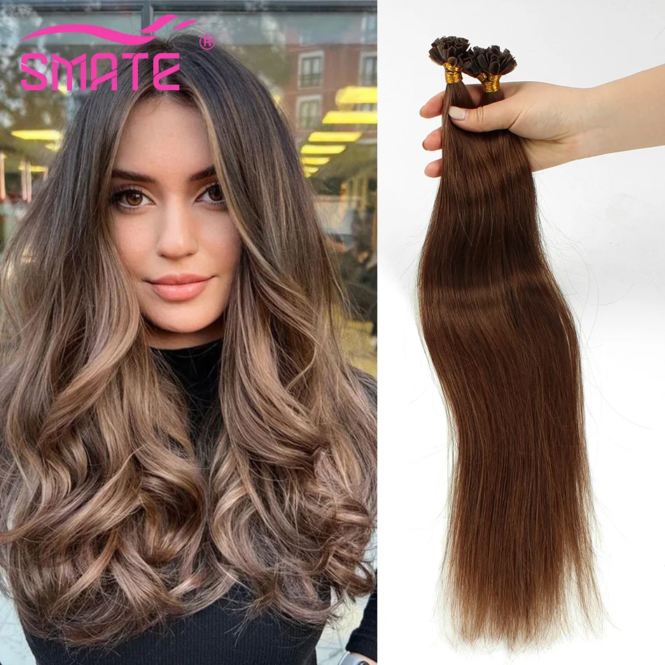 SMATE V Tip Hair Extensions Human Hair Ombre Medium Brown Mixed Natural Blonde Indian Remy Human Hair Balayage 12"-26" 0.8G pc