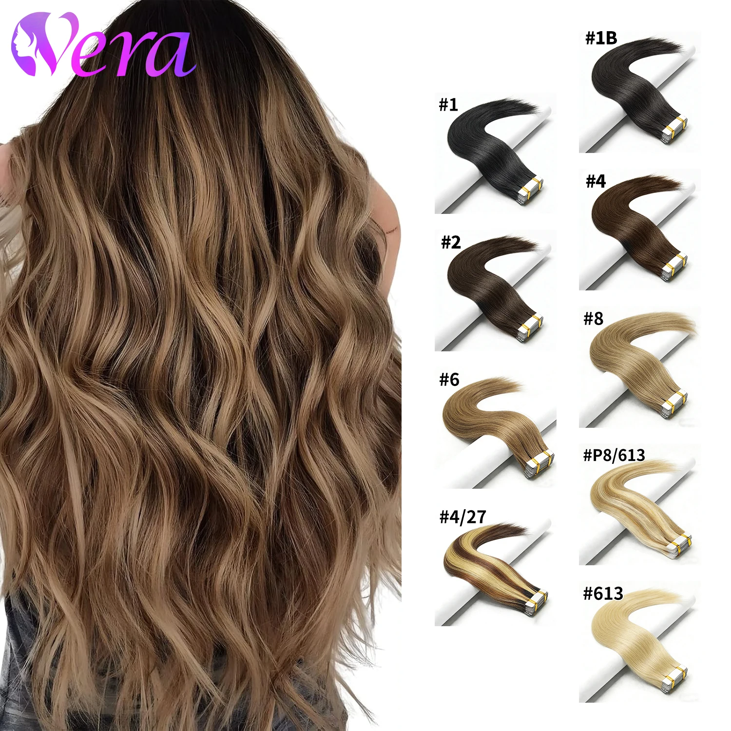 Extensions de cheveux naturels à bandes adhésives invisibles, 50 grammes, 20 pièces, couleur marron
