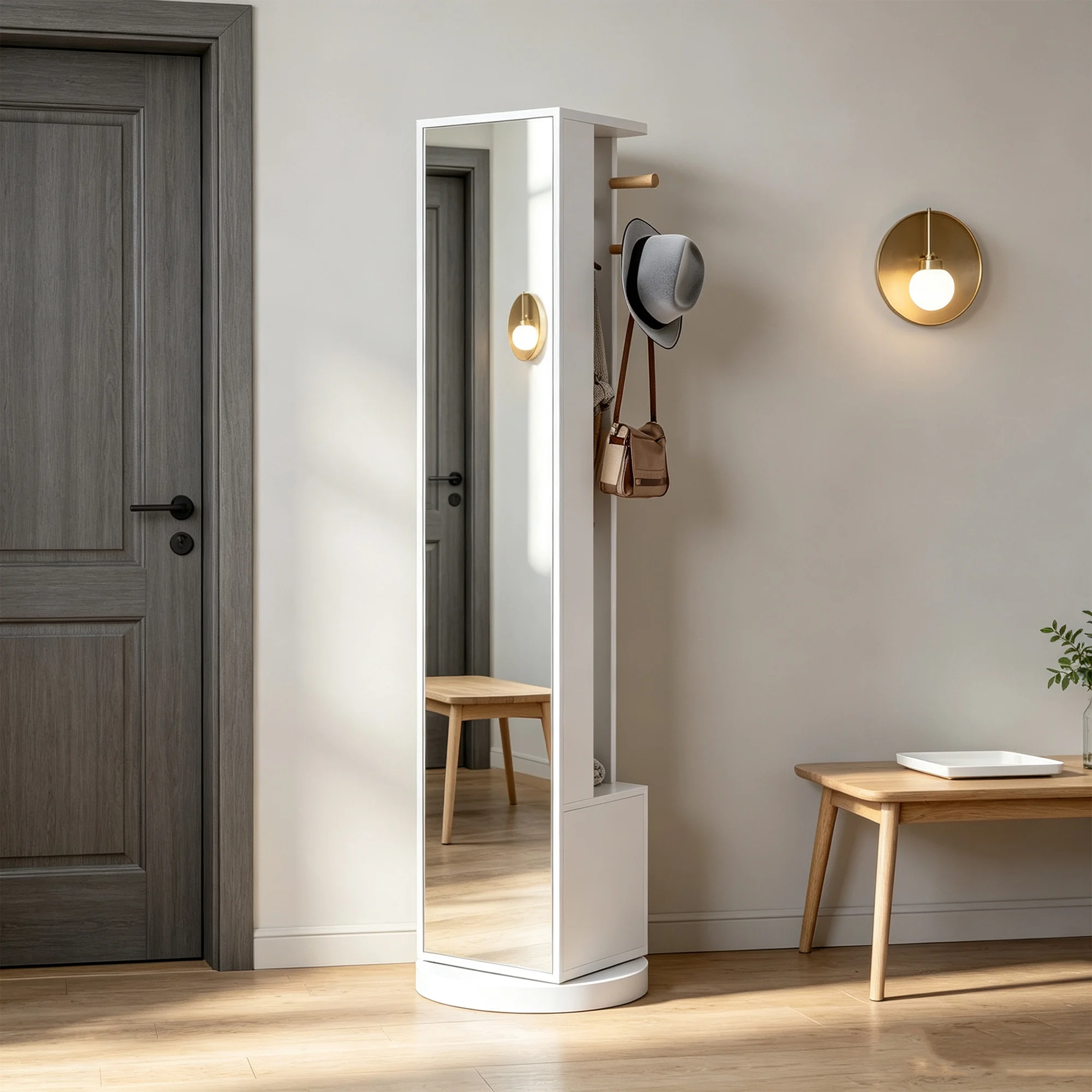 Armadio da pavimento Superaly con specchio girevole e 2 cassetti e 4 ganci, 360 ° Stendibiancheria girevole, appendiabiti 3 in 1 per camera da letto, soggiorno, spogliatoio, colore bianco.