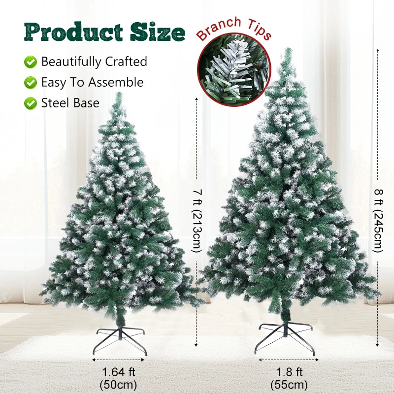 شجرة عيد الميلاد الاصطناعية بطول 8 أقدام مع شجرة عيد الميلاد المتدفقة الثلجية مع أطراف فرع 1300، حامل معدني قابل للطي، هدية عيد الميلاد، أخضر وأبيض #2