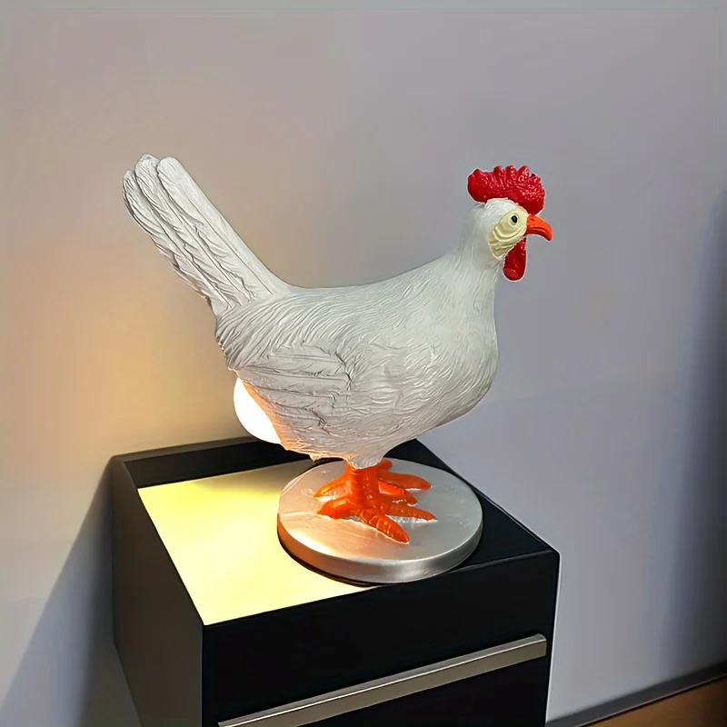 Simulazione White Egg Rooster Night Lamp novità Cute Resin Desktop Ornament Led Home Decoration Party Holiday Gift Light