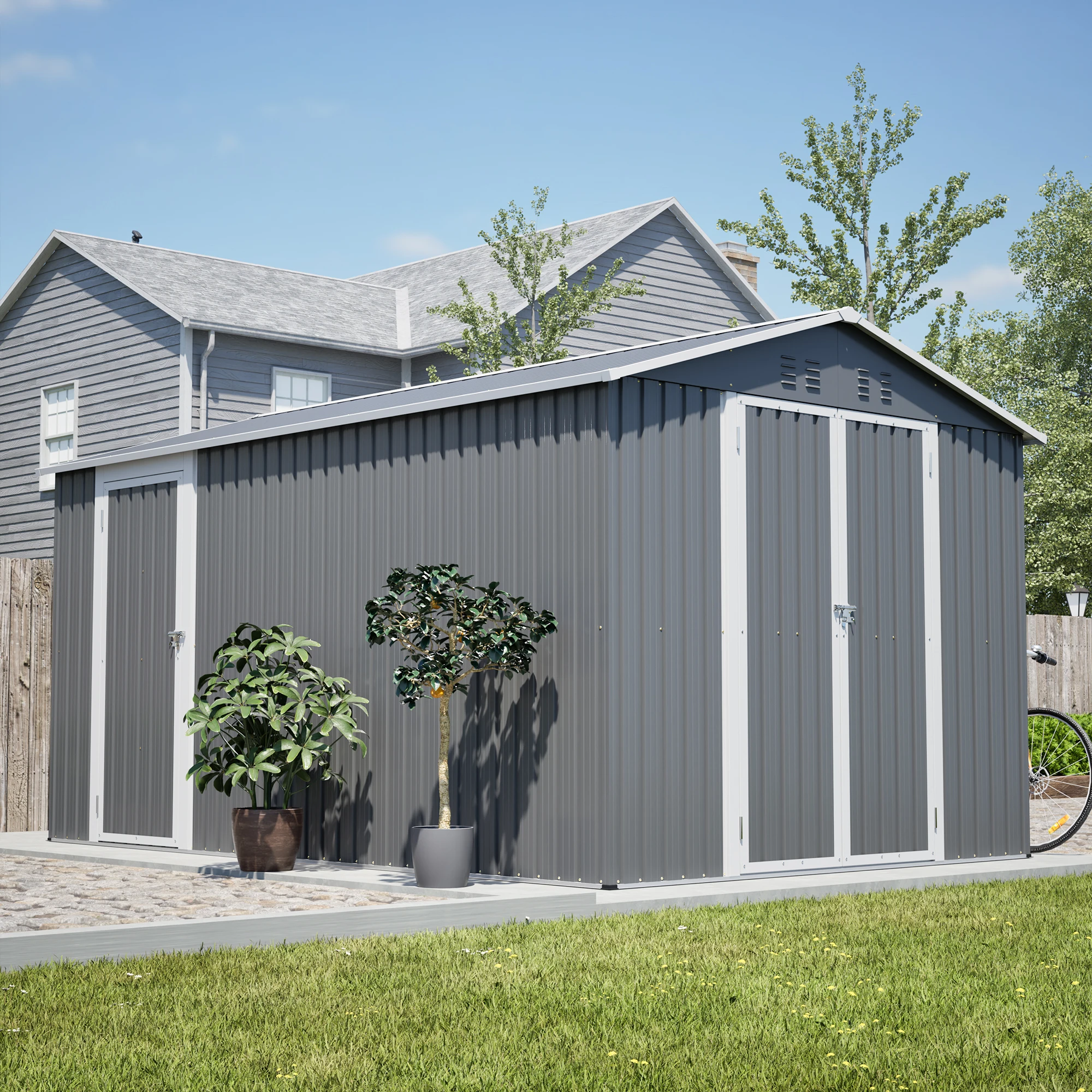 

8x12 ft outdoor metal storage shed, 2 lockable doors, side door, aluminum frame, backyard garden patio storage (Gray)