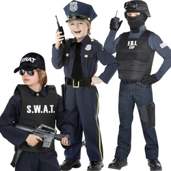 Kids Unisex Policeman Fancy Dress Costume Halloween Blue and Black FBI Uniform SWAT Police Officer Costume For Boys Girls