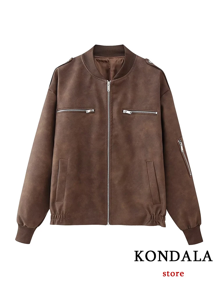 KONDALA Chic Casual High Street Solid Brown Women Jacket Fashion 2023 Autumn Faux Leather Long Sleeve Zipper Streetwear Outwear