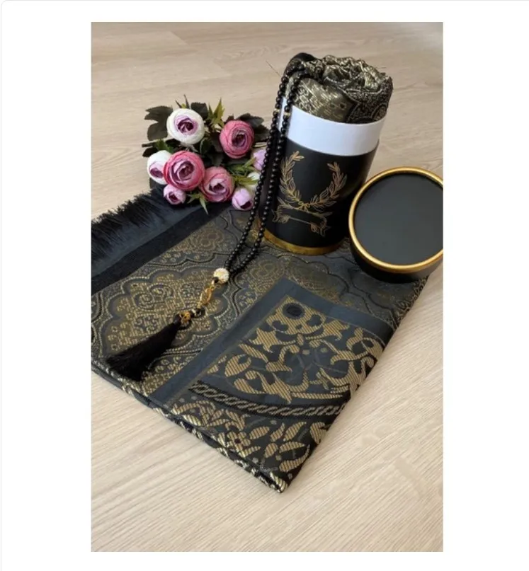 Muslim Prayer Rug Rosary Set Boxed 99 Pearls Tasbih Gold Embroidered Cotton Taffeta Carpet Ottoman Tasbih