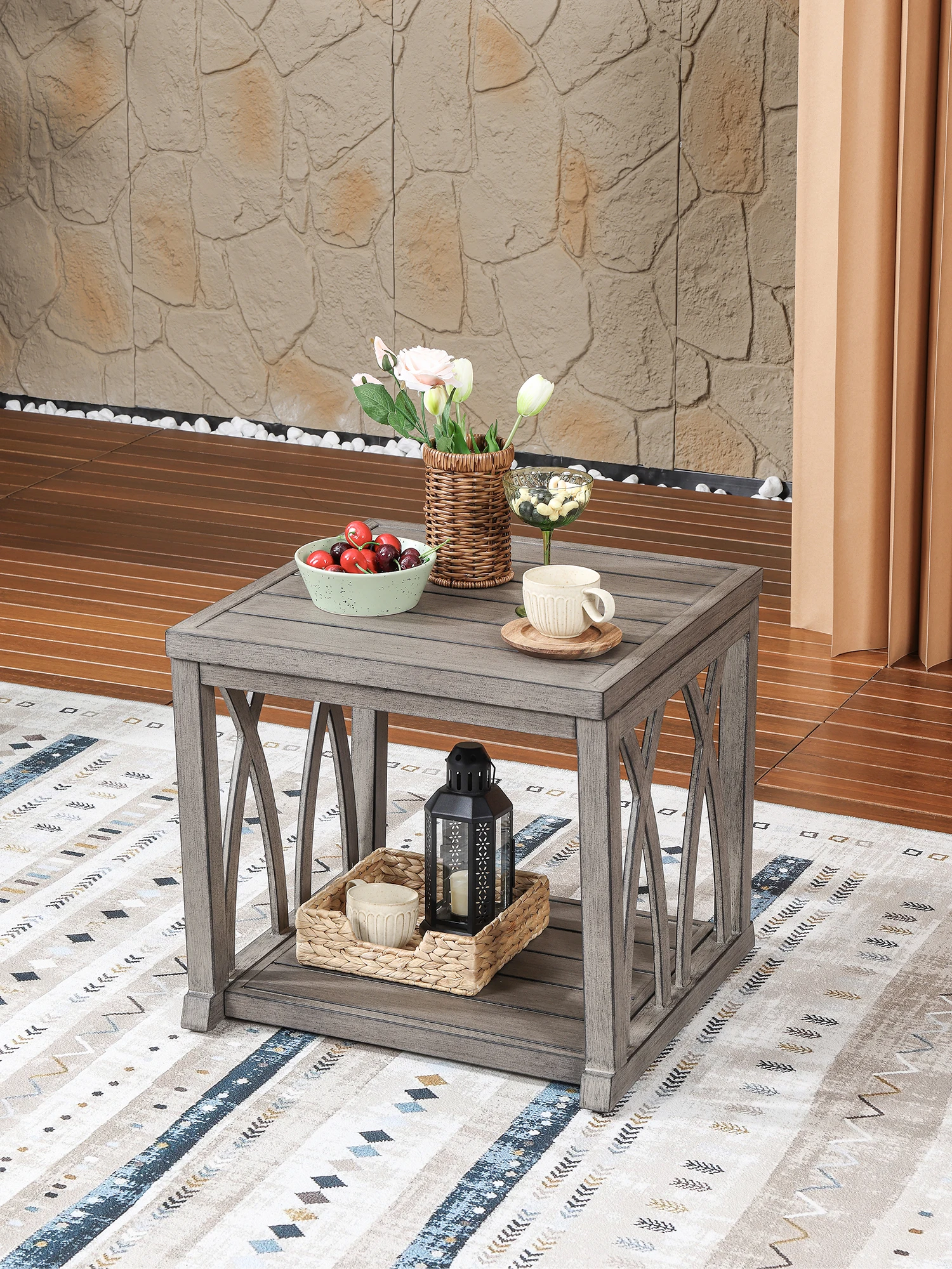 SeeHill Aluminum Side Table, Square Outdoor End Table with Double-Layer Storage for Patio Balcony Garden