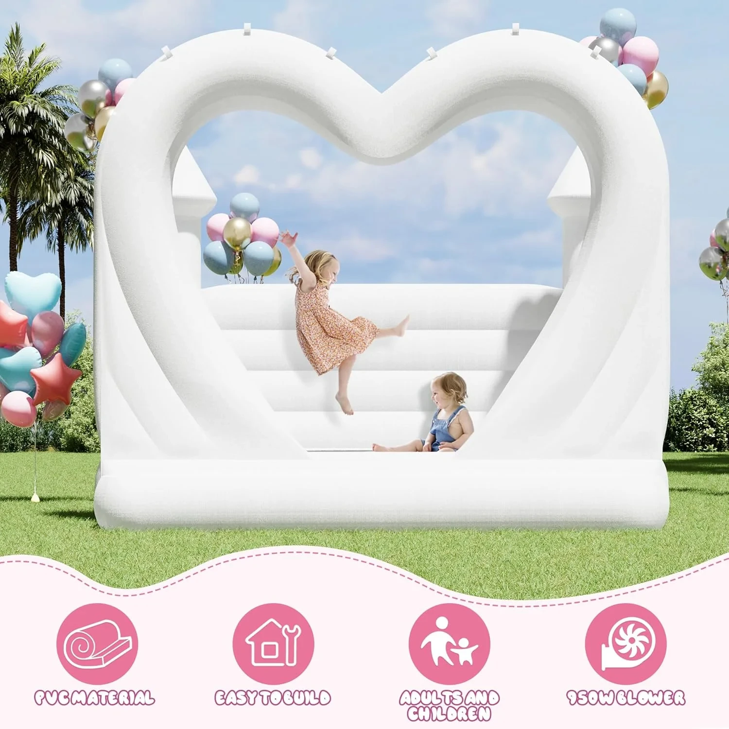 Castillo blanco inflable de PVC de 13 pies con forma de corazón, nuevo diseño, casa de rebote blanca inflable con soplador de 750W, para bodas y fiestas