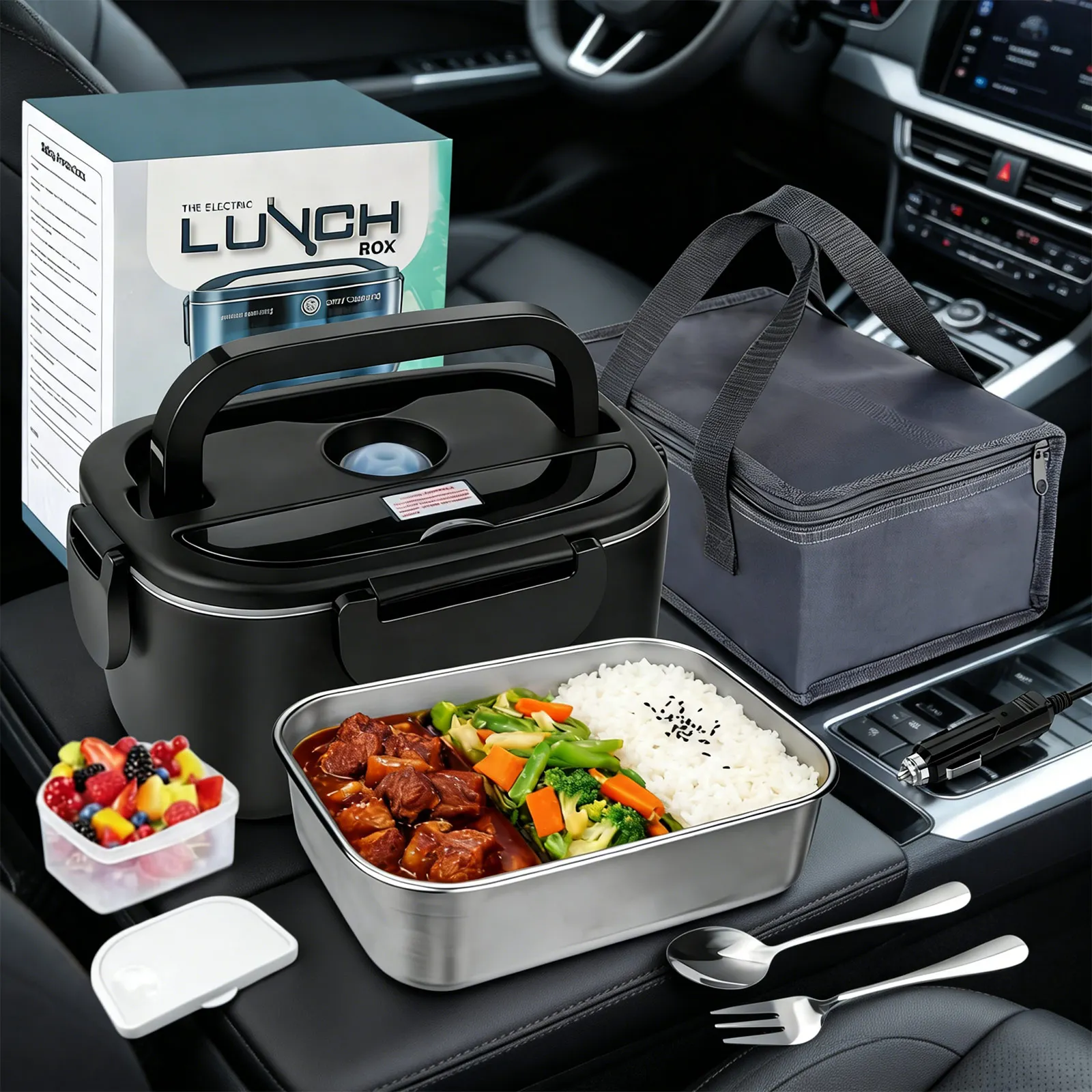 Lonchera Eléctrica de 1.5L y 60W, 4 Voltajes (12V/24V para Auto y 110V/220V para Casa), Acero Inoxidable 304, Doble Compartimento, Calentador de Alimentos con PTC para Oficina/Viajes