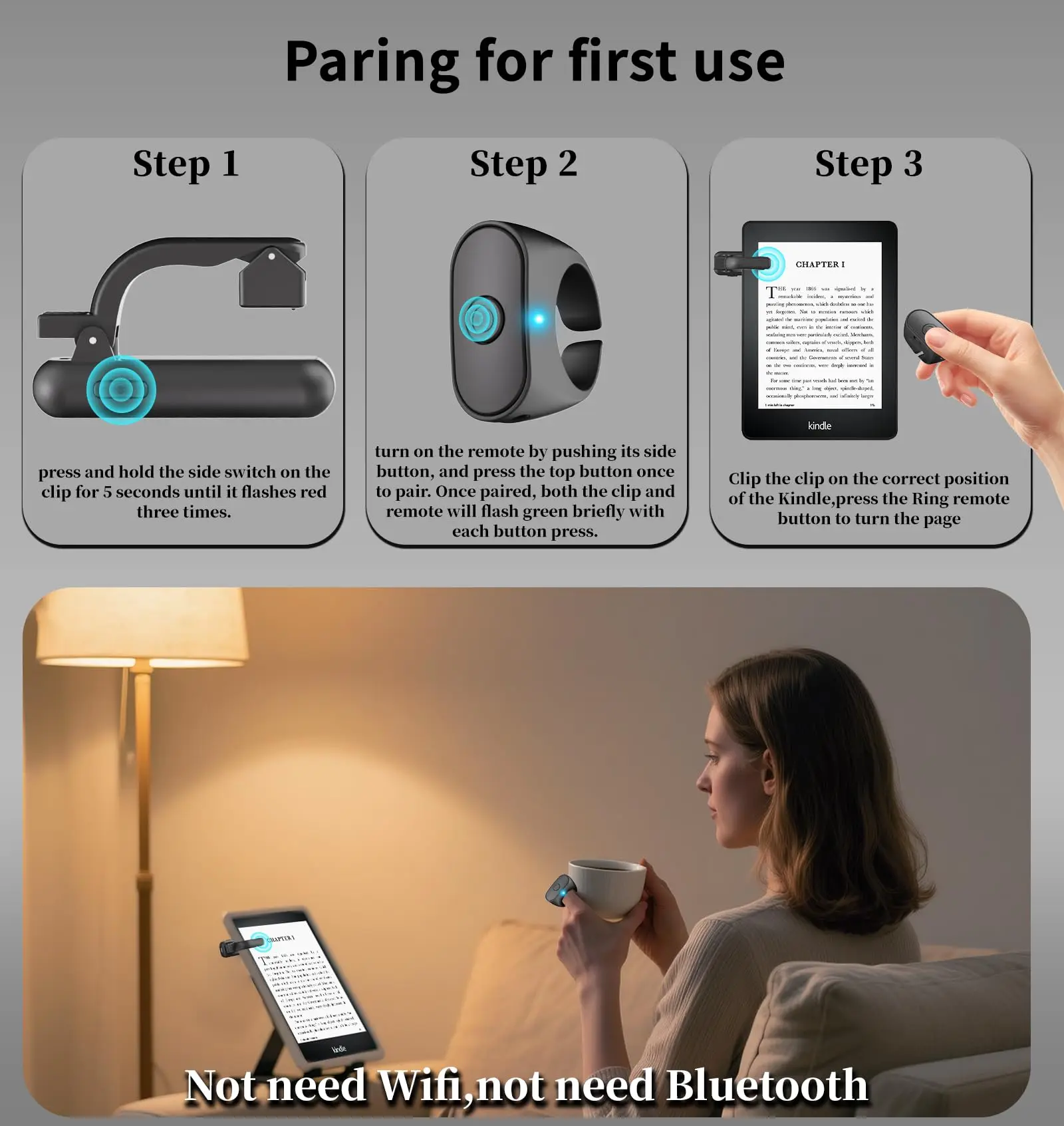 Bluetooth Remote Page Turn Clicker For Kindle, Wearable Ring Shutter Trigger For iPad Phone Video Reading