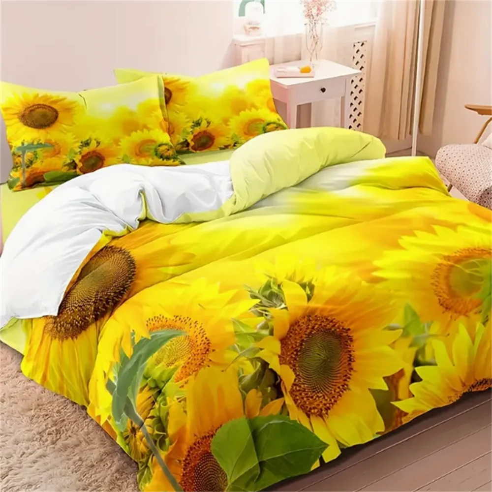 

3pcs Sunflower Duvet Cover Set (1*Duvet Cover + 2*Pillowcases, Without Core), 3D Print Plant Flowers Duvet Cover With Pillowcase