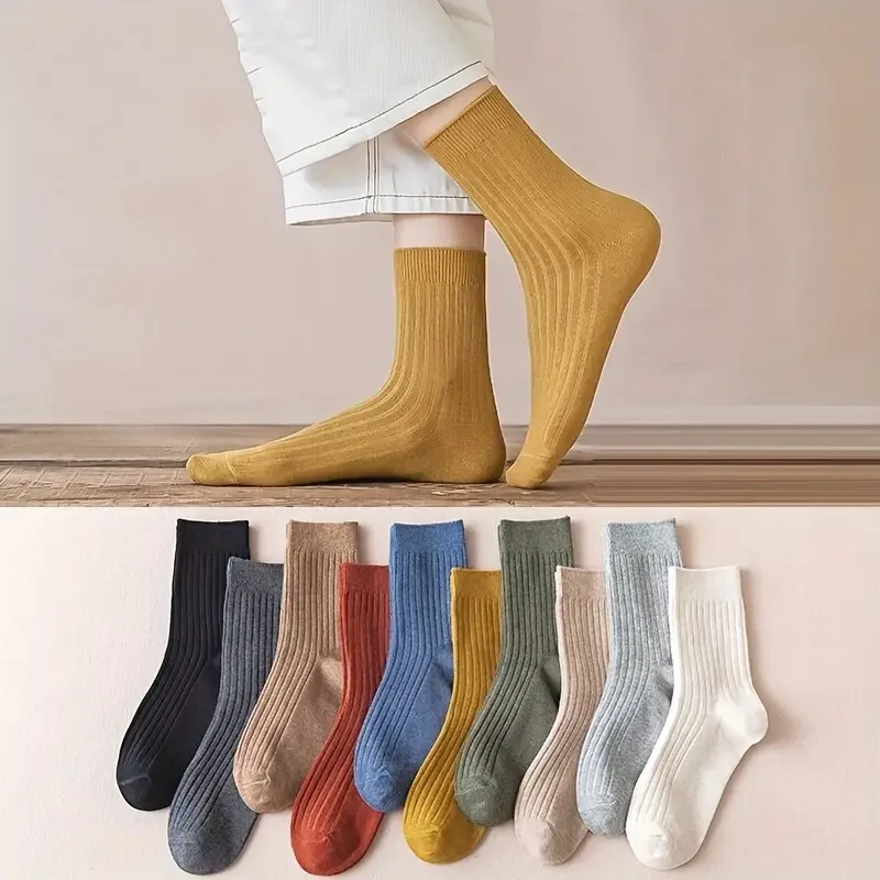 5Pairs Of Mixed Color Striped Socks, Comfort Non-slip Mid-tube Socks, Classic Casual Crew Socks For Daily Wear