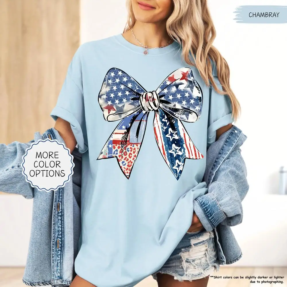 

Coquette American Bow Shirt, American Woman Shirt, 4th of July Gift, Patriotic Woman, Coquette 4th Of July Tee