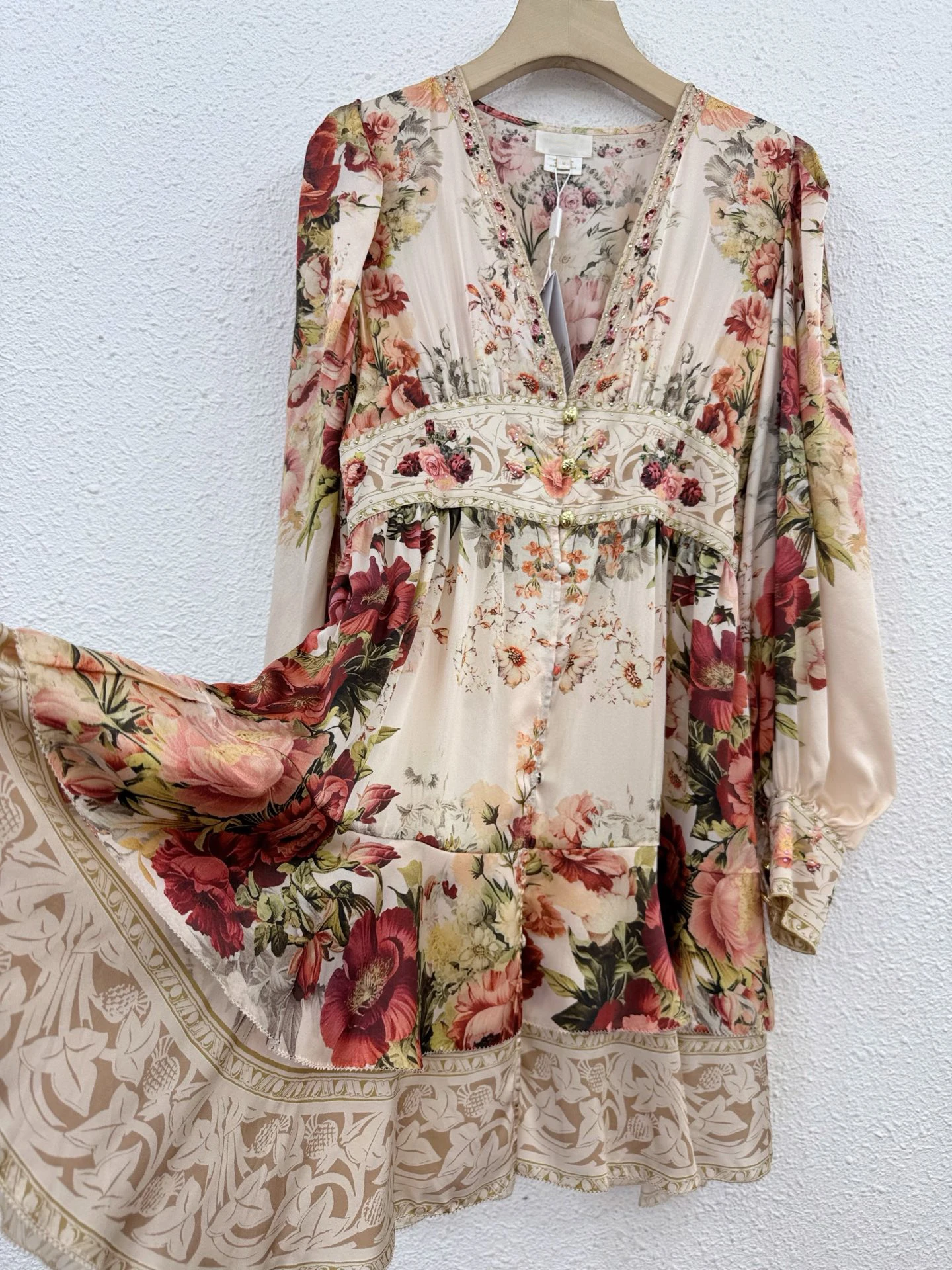 100% Real Silk Chic Beige Floral Print Mini Dress Women V-Neck Puff Sleeve Ruffle Hem Boho Dress