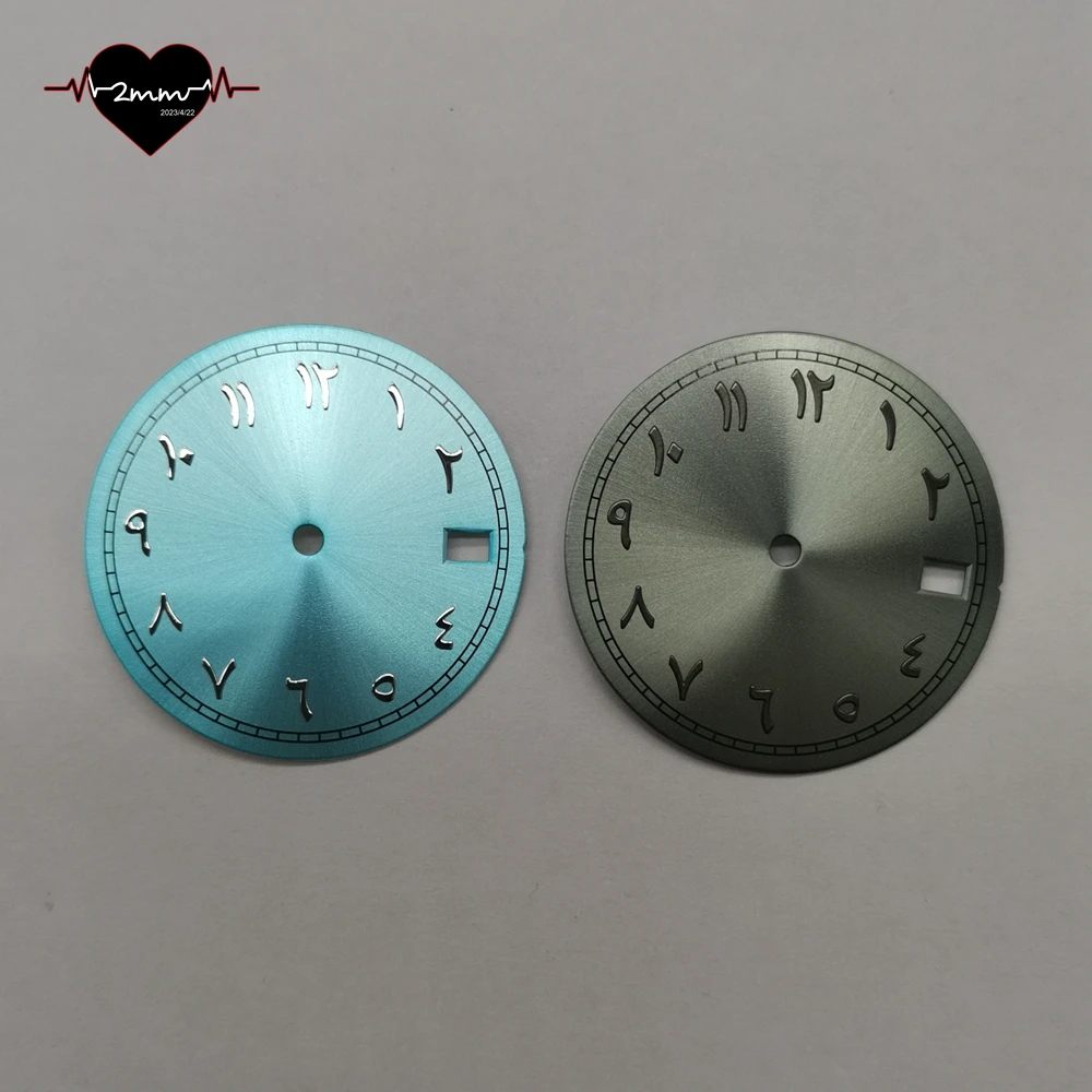 Watch Dial sunburst blue gray with Arabic Letter Numerals hour index window date 3H with for NH35 29mm sunray Watch Faces