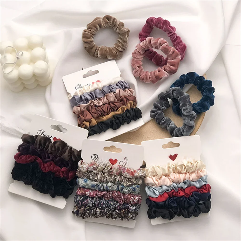 5/6/szt Jedwabne gumki do włosów z nadrukiem Leopard Scrunchie Zestaw elastycznych gumek do włosów Jednokolorowe modne nakrycia głowy Damskie akcesoria do włosów Prezent — zdjęcie 2