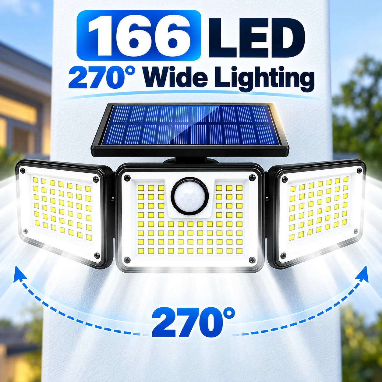 2PCS 166 LED Solar Motion Sensor Lights Outdoor with Remote Control, 3-Head 270° Wide Angle Security Wall Lights, 3 Lighting Modes, IP65 Waterproof for Garage, Yard, Porch, Patio & Garden