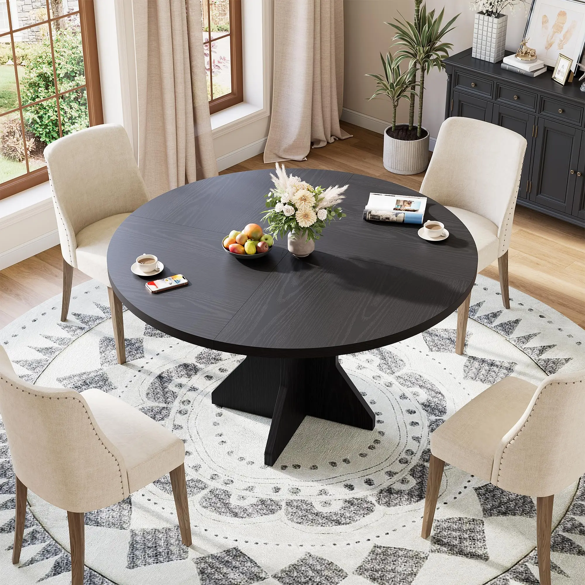 Table à manger ronde moderne et peu encombrante de 47 pouces pour 4 à 6 personnes, base robuste à pied central, meuble contemporain pour appartements, salons et cuisines, disponible en marron ou noir