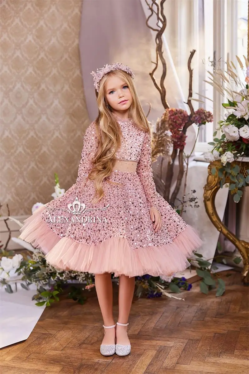 Glänzendes Pailletten-Festzugkleid für Mädchen für Fotoshooting, knielanges Geburtstagskleid, Partykleid, Blumenmädchenkleid für Hochzeiten