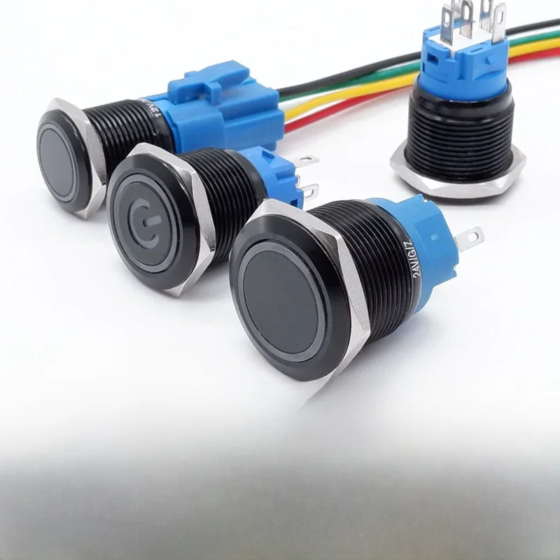 Zwarte drukknop met draad led-licht 16/19/22 mm waterdicht verlicht metaal vergrendelend kortstondig 5V 12V 220V rood blauw - afbeelding 2