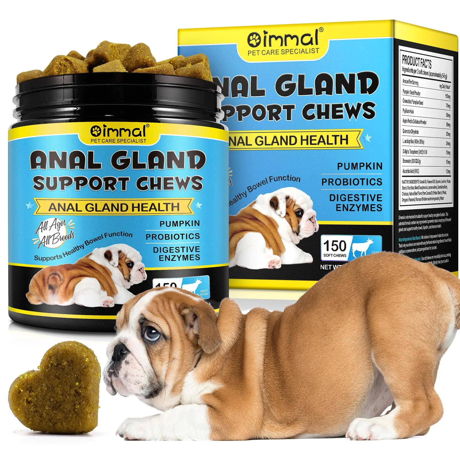 Anal Gland Soft Chew Treats with Pumpkin for Dogs Digestive Enzymes Probiotic Fiber Supplement Support Healthy Bowel Beef Flavor