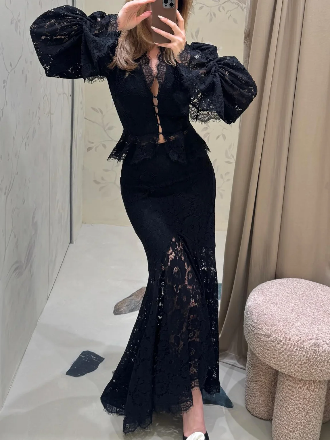 

Summer Long Sleeve Lace Shirt Top Women Fashion Flare Sleeve Blouse and Elegant Slim Mermaid Skirt Set Casual 2 Piece Outfits