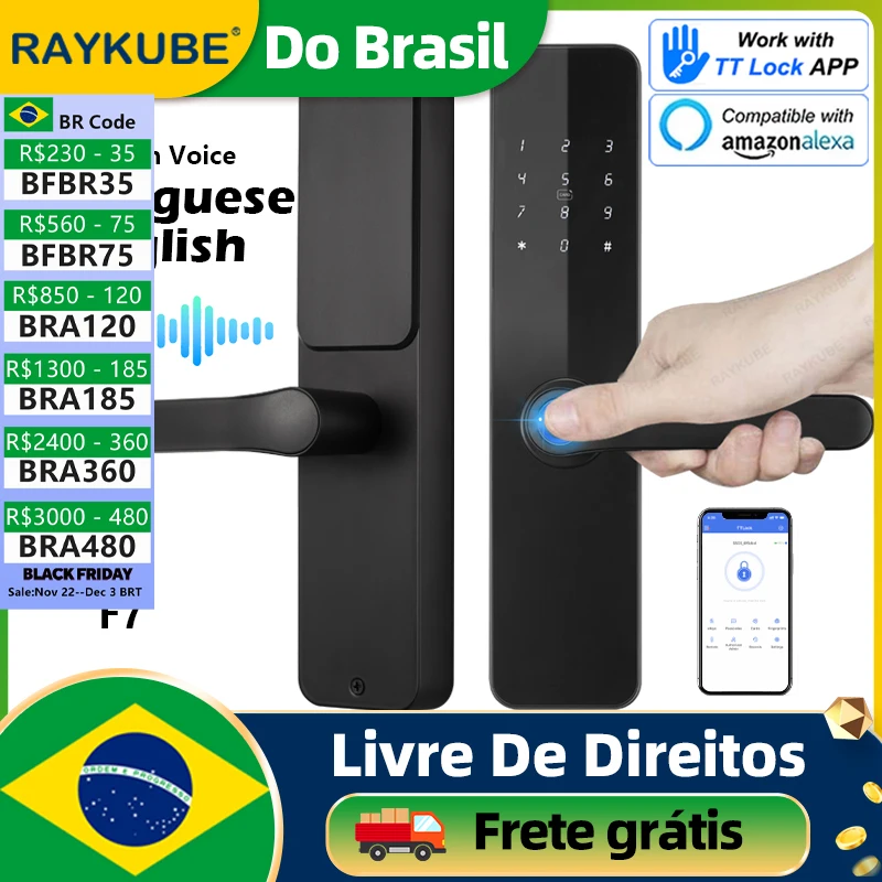 Do Brasil RAYKUBE F7 TT Lock Bluetooth Fingerprint Electric Door Lock Portuguese/English Voice Version With Longer Larger Handle