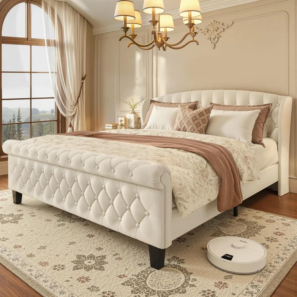 Cama Queen com Estrutura Plataforma, Cama Estofada em Veludo com Cabeceira e Peseira Tufted Wingback, Suporte Silencioso e Estável