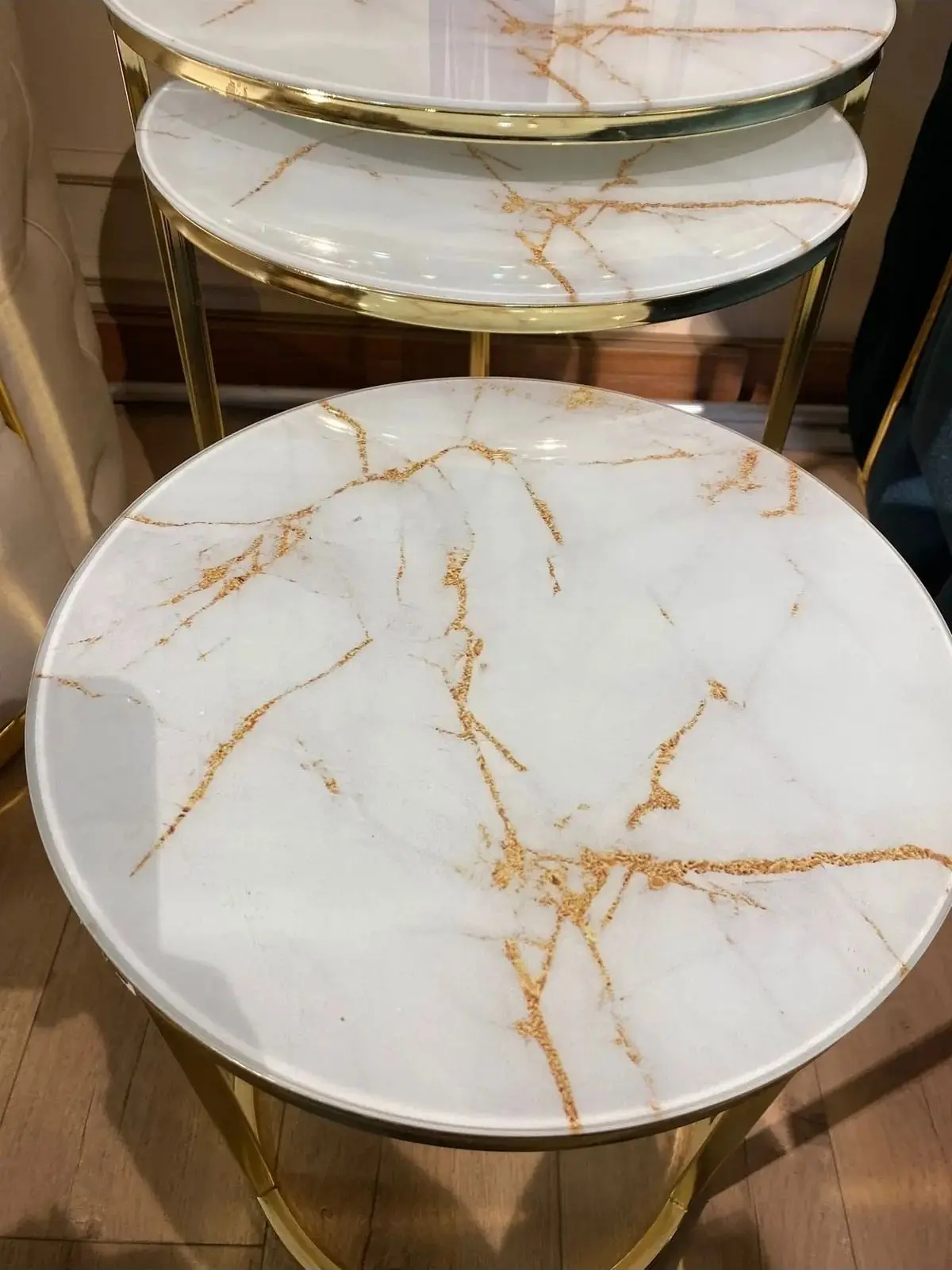 Decorative Set of 3 Nesting Table Set Gold Marble Black Unbreakable Tempered Glass Nordic Luxury Coffee Tables 3Pcs Living Room