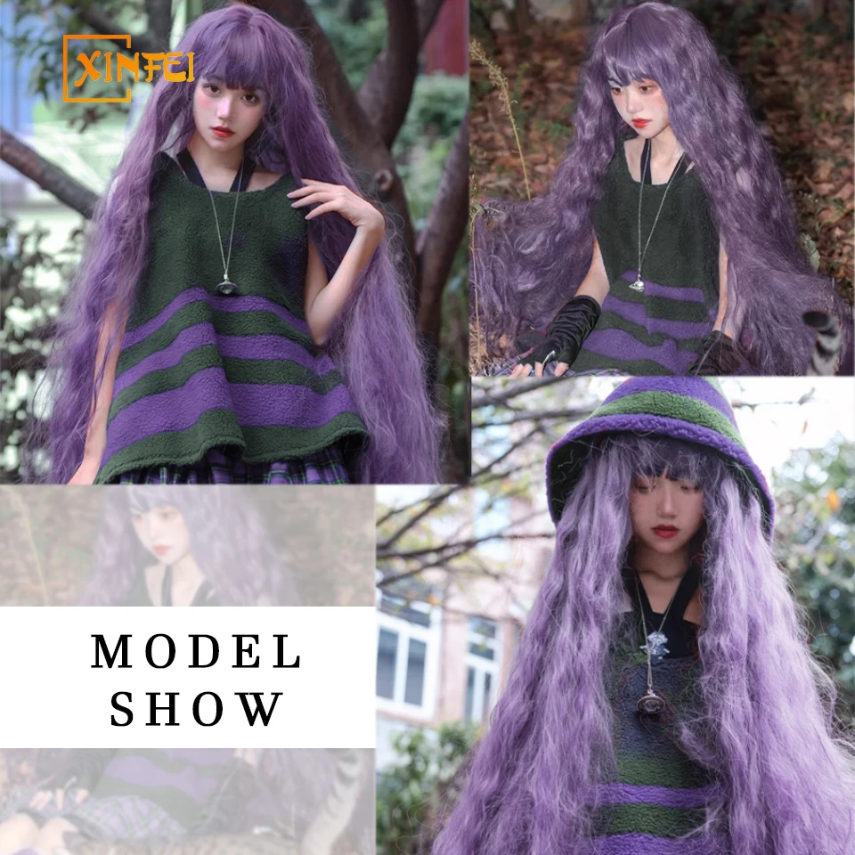 XINFEI 43 بوصة سوبر طويل مجعد متموج طويل الأرجواني بيروكات صناعية مع الانفجارات لوليتا تأثيري حفلة الهالوين الشعر الطبيعي #6