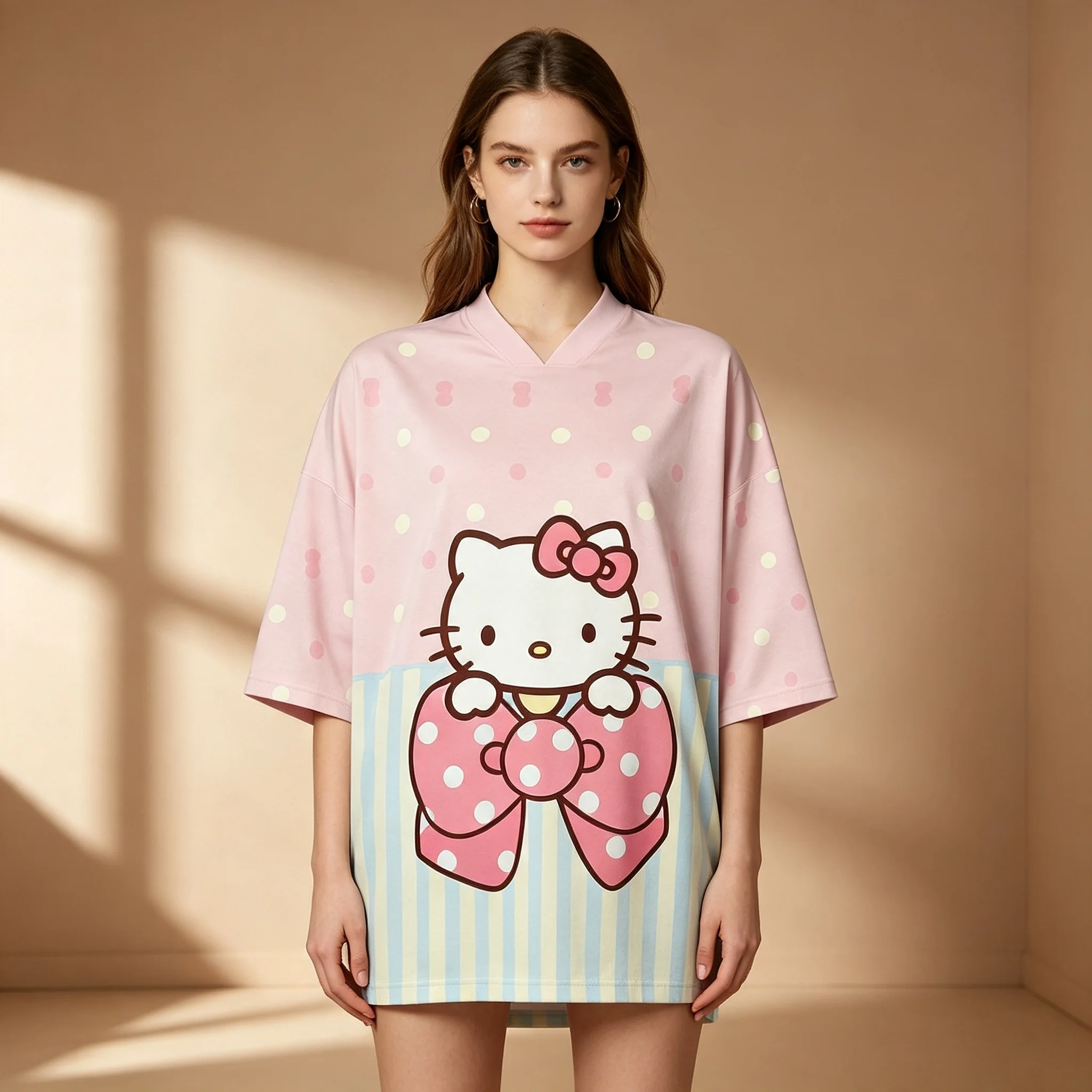 Women Hello Kitty Big Bow Print 34‑Sleeve Baseball Jersey Shirt Pink Polka‑dot Stripe Hem Loose  Kawaii Casual Streetwear Top