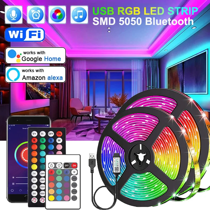 Lampu LED setrip LED Bluetooth 5050 SMD USB kontrol aplikasi Alexa lampu latar TV Led perekat RGB WIFI untuk dekorasi kamar