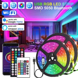 Bande lumineuse LED USB Bluetooth 5050 SMD, lampes de rétroéclairage TV, lampes adhésives RVB, Alexa, contrôle Wi-Fi, décoration de chambre