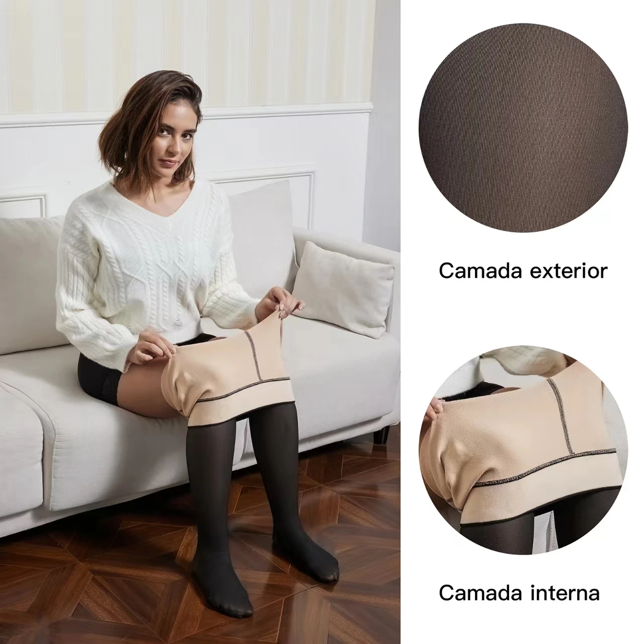 Romantic Crown Meia-calça térmica grossa feminina velo veludo meias cintura alta elástica translúcida perneiras inverno