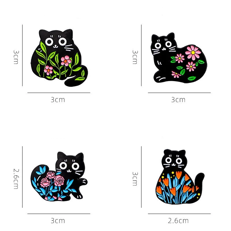 Cute Cartoon Black Cat Enamel Brooch Creative Animal Flower Plant Lapel Pin Badge Backpack Clothing Hat Accessories