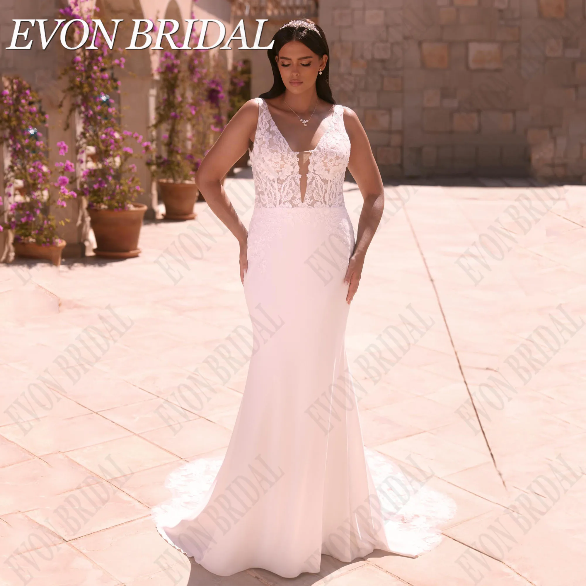 

EVON BRIDAL Wedding Dress Plus Size Women Luxury Mermaid Sleeveless Lace Bride Gowns Boho Vestidos De Novia Applique V-Neck