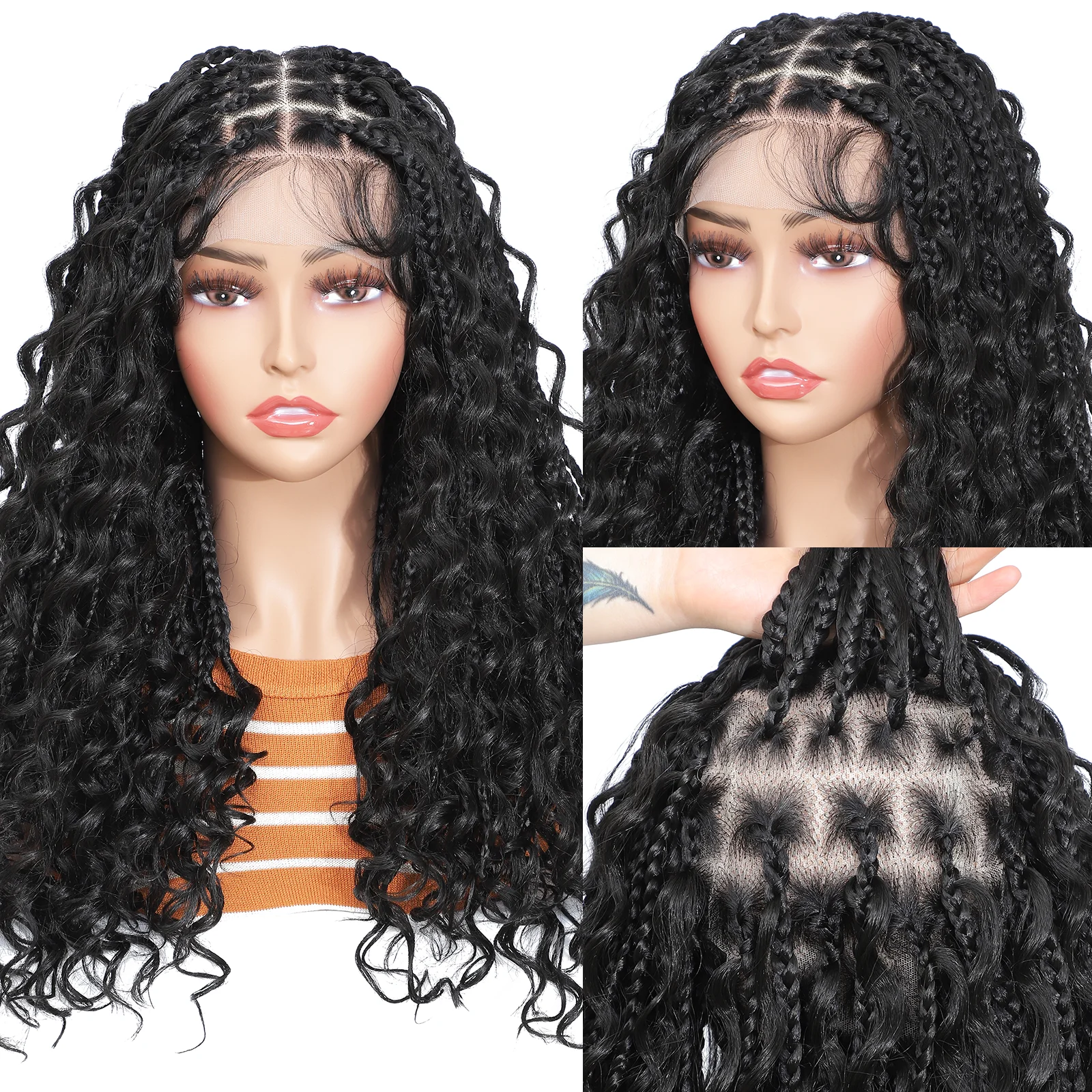 

Bohemia Synthetic Full Lace Box Braided Wig 18'' Black Goddess Faux Locs Wig Lace Frontal Wig for Braiding Wih Curly Ends