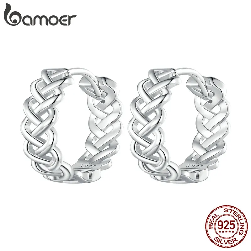 Bamoer 925 Sterling Silver Twine-shaped Hoop Earrings Mini Round Earrings Buckle for Women Man Fine Party Jewelry Gift