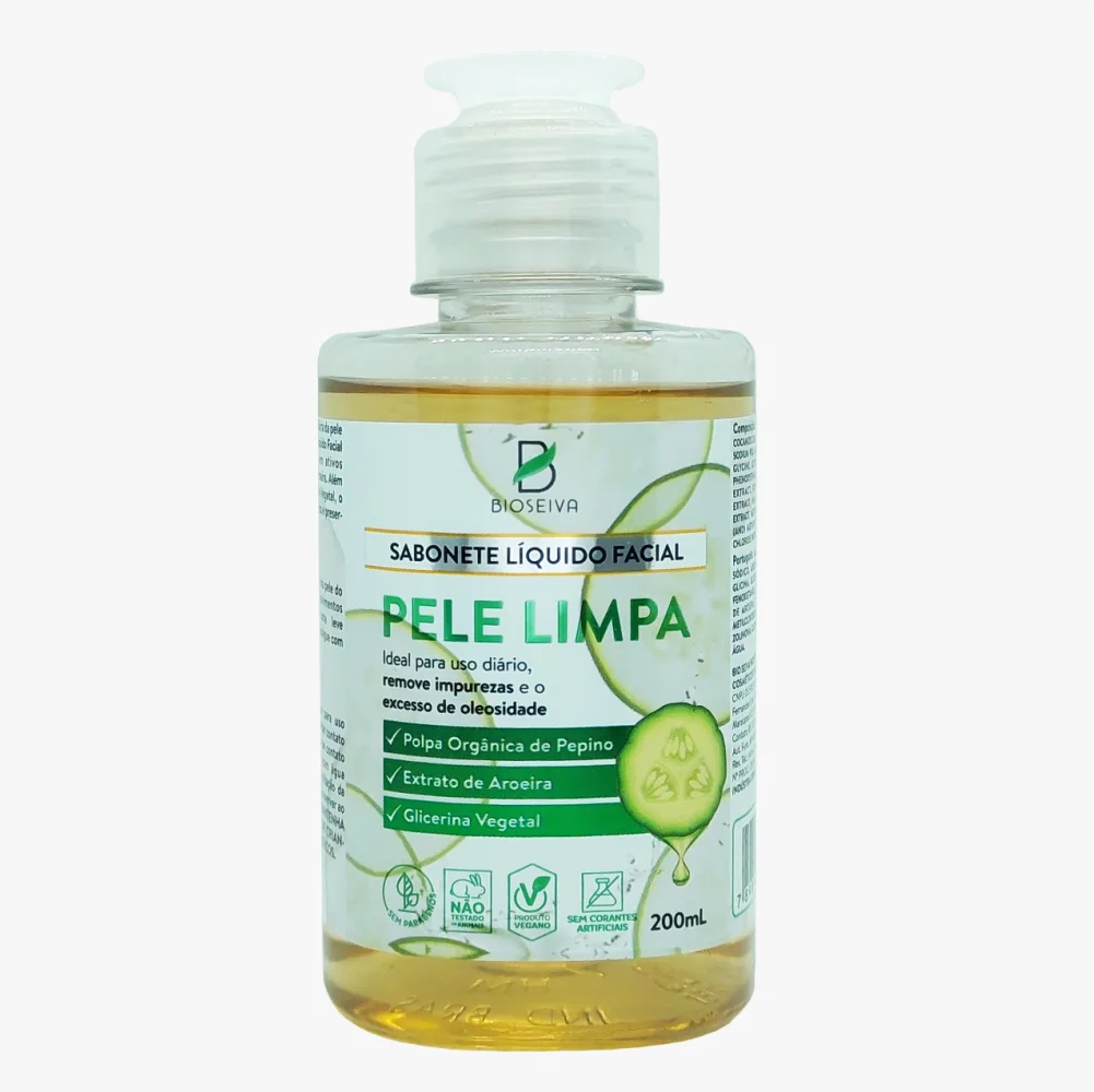 Sabonete Líquido facial vegano Pele Limpa 200ml Bio Seiva - Pepino, Aroeira e Glicerina Vegetal