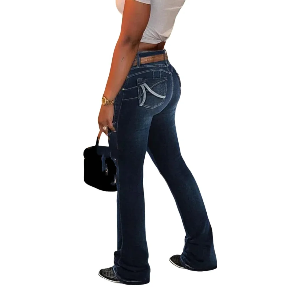【HME】Jeans | Figure-Sculpting High Waist Flare Denim Pants, Distressed Ripped Dark Wash Denim With Rivet Decorative Back Pockets, Three-Button Waistband Tummy Control, Stylish Comfortable Pants For Women All-Season Fashion